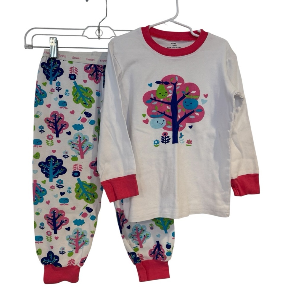 elowel size 12 kids girls long sleeve pajamas pajama set Pink White multi Tree